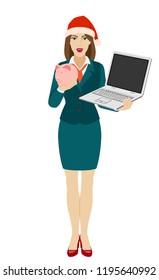 Businesswoman in Santa hat holding a laptop notebook and piggy bank. Full length portrait of businesswoman in a flat style. Vector illustration.