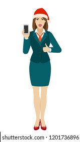 Businesswoman in Santa hat holding a mobile phone and shows thumb up. Full length portrait of businesswoman in a flat style. Vector illustration.