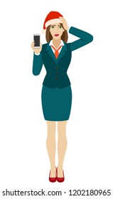 Businesswoman in Santa hat holding a mobile phone and grabbed his head. Full length portrait of businesswoman in a flat style. Vector illustration.