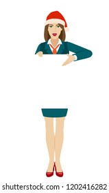 Businesswoman in Santa hat holding white blank poster and showing blank signboard. Full length portrait of businesswoman in a flat style. Vector illustration.