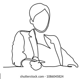 A businesswoman sat at her office desk. Continuous line drawing. Isolated on the white background. Vector monochrome, drawing by lines