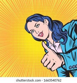 The businesswoman is satisfied, so she thumbs up. Pop art retro illustration comic Style Vector, Separate images of people from the background. 