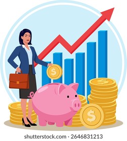 Empresária economizando dinheiro. Investimento, crescimento e planejamento financeiro