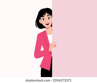 Businesswoman say hi standing behind a wall while peeking with curiosity, startled, shocked, Surprised, peeping, listening, illustration
