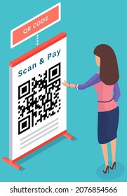 Businesswoman scanning qr code via mobile phone scanner device isometric vector illustration. Product code recognition technology. Information data barcode. QR code verification in mobile application