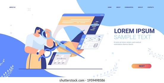 businesswoman with scissors creating visual graphs business charts financial statistics data analyzing concept