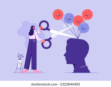 Businesswoman with scissors cut negative emotions out from partner, good mood, concept of support and aid for people under stress and depression 