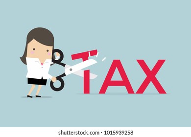 Businesswoman with scissors cutting big T letter vector illustration. Reduce Tax Business concept.