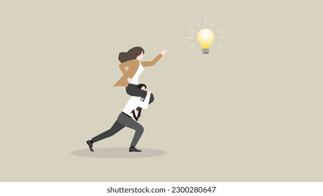 A businesswoman searches for success. Boss rides piggyback on an employee team staff and grabs a light bulb. Business opportunity, ambition, intention, work hard, reach target, goal and idea concept.