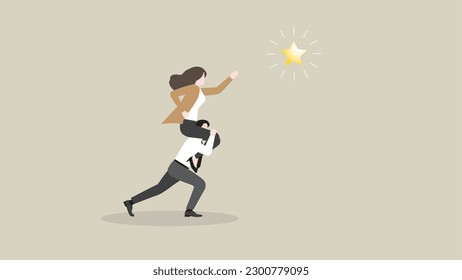 A businesswoman searches for success. Boss rides piggyback on an employee team staff and grabs a star. Business opportunity, ambition, intention, work hard, reach a target, goal, and idea concept.