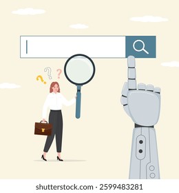 Businesswoman searching information, big robot hand points to search bar. Chat bot artificial intelligence help in data search. Technology of automatic analysis, web browsing. flat vector illustration