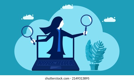 A businesswoman is searching the internet for information and analyzing it. data search and analysis concept