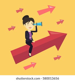 Businesswoman searching for opportunities. Asian businesswoman using spyglass for searching of business opportunities. Business opportunities concept. Vector flat design illustration. Square layout.