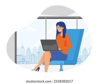 A businesswoman seated in a modern office with a laptop and cityscape view. She appears focused, symbolizing productivity, professionalism, and a comfortable workplace environment. 