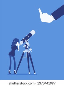 Businesswoman seeing no expectation of good or success. Female manager watching telescope for prediction, viewing bad business development or poor outcome. Negative future prognosis vector illustration concept.