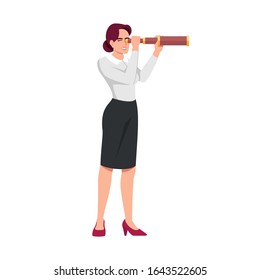 Businesswoman seeking new opportunities semi flat RGB color vector illustration. Young businesslady holding spyglass isolated cartoon character on white background. Business strategy vision concept