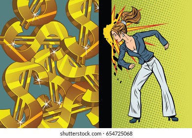 Businesswoman seeks to get rich. Pop art retro vector illustration