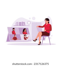 Businesswoman is seen sitting and having a conference with business colleagues via online video meeting on a laptop. Trend Modern vector flat illustration.