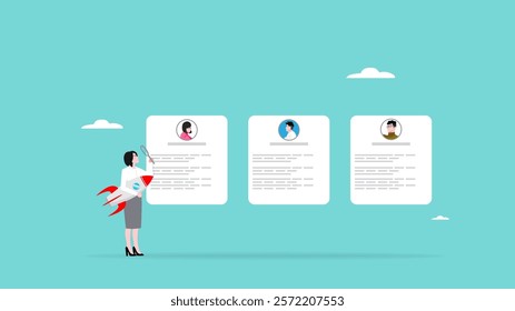 businesswoman selecting employee candidates to make business growth illustration. human resources recruitment or hiring new employee. staff recruitment for make good teamwork at business