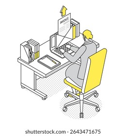 A businesswoman sending an invoice from a computer at her desk.
