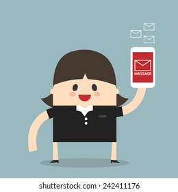 Businesswoman sending messages by smartphone, flat design, vector