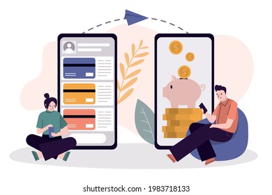 Businesswoman sends dollars to man through internet banking. Concept of online transaction and mobile money transfer. Application for transferring money on smartphones screens.Flat vector illustration