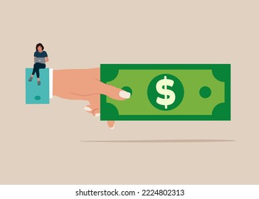 Businesswoman sends a money dollar. Flat modern vector illustration.