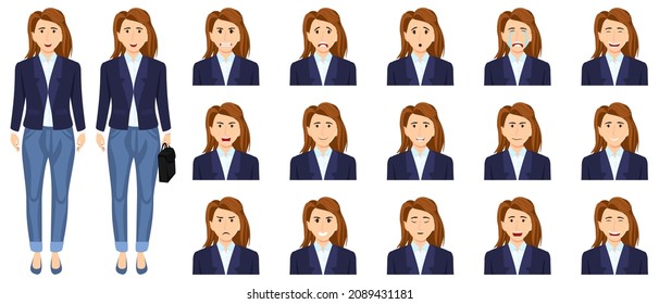 Businesswoman set an avatar set with different facial expression and emotion angry cry happy posing isolated