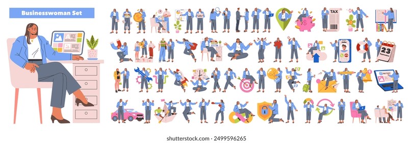 Businesswoman set. Diverse corporate scenes showcasing a professional woman in various work situations. Achievements, teamwork, multitasking. Vector illustration.