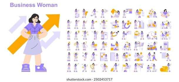 Businesswoman set. Diverse professional scenarios showcasing ambition and confidence. Corporate leadership, finance management, multitasking. Vector illustration.