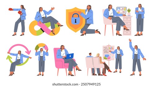 Businesswoman set. Diverse professional scenarios and dynamic work environments. Leadership, strategy, teamwork, and data analysis themes. Vector illustration.