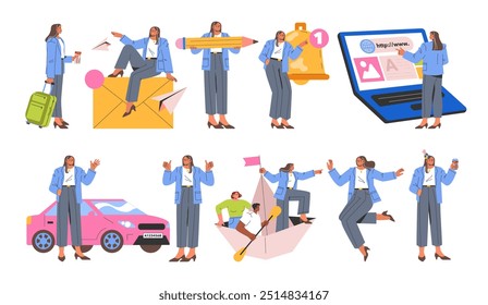 Businesswoman set. Dynamic professional female roles from travel to tech presentations. Achieving goals, leadership, multitasking. Vector illustration.