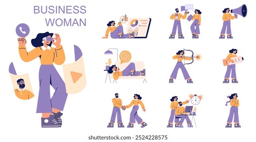 Mulher de negócios definida. Mulher profissional dinâmica que se envolve em várias atividades de negócios e cenários. Liderança, comunicação, trabalho em equipe. Ilustração vetorial.