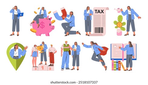 Conjunto de mujer de negocios. Profesional femenino en diversas actividades, crecimiento financiero, impuestos y roles de liderazgo. Éxito profesional, economía, empoderamiento. Ilustración vectorial.