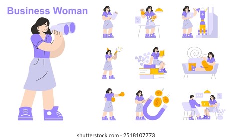 Mulher de negócios definida. Mulher profissional em diversos papéis e atividades. Carreira, liderança e equilíbrio entre vida profissional e familiar. Ilustração vetorial.