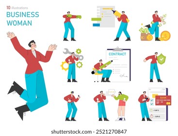 Businesswoman set. Professional woman performing various work tasks. Career success, project management, financial operations. Vector illustration.