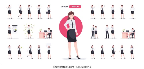 Businesswoman set. Woman in the workplace. Office worker in suit. Cartoon people in different poses and actions. Cute female character for animation. Simple design. Flat style vector illustration.