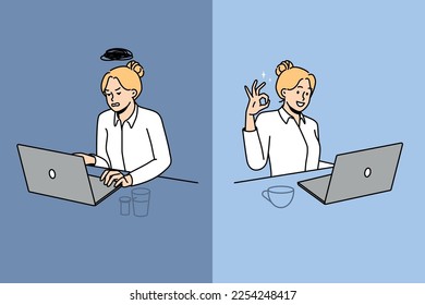 Businesswoman set work on laptop distressed overwhelmed with job versus excited with completed task. Female employee different moods in office. Vector illustration. 