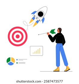 Businesswoman Setting Goals With Rocket And Target In Flat Vector Illustration Symbolizing Business Strategy, Growth, And Success, Isolated On White Background.