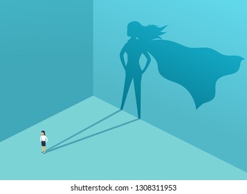 Businesswoman with shadow superhero. Super manager leader in business. Concept of success, quality of leadership, trust, emancipation. Vector illustration