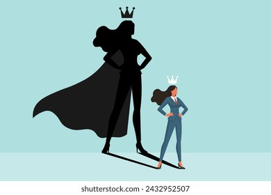 Businesswoman with shadow of superhero,concept of a successful business leader,confident,strong leader, Boss, CEO, COO, flat vector illustration