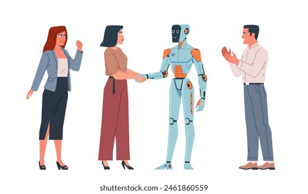 Businesswoman shakes hands with cyborg surrounded by colleagues. Cheerful,congratulate, applauding. Modern flat cartoon illustration isolated on white background