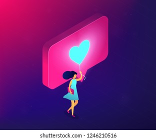 Businesswoman sharing content in social media with like. Personal brand, sharing content online, like for like and follow4follow concept. Ultraviolet neon vector isometric 3D illustration.