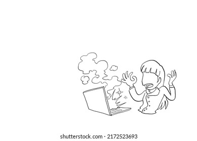 Businesswoman shocked because her laptop explode. Overwork concept. Cartoon vector illustration design