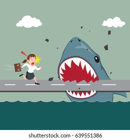 Businesswoman shocked to big shark block the road, business barrier concept