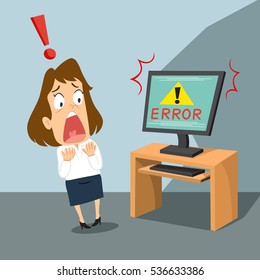Businesswoman shocked with computer error, vector illustration cartoon