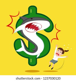 Businesswoman shocked with hungry business sharks on money sign, illustration vector cartoon