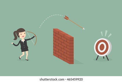 Businesswoman Shoot Arrow Over The Wall To The Target. Business Concept Cartoon Illustration.