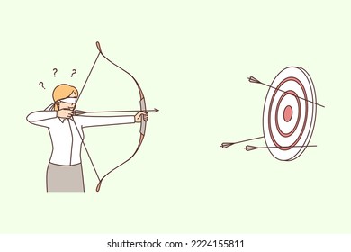 Businesswoman shooting arrows on target. Blindsided female employee aim at business goal. Achievement. Vector illustration. 