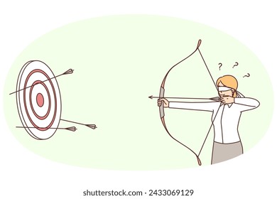 Businesswoman shooting arrows on target. Blindsided female employee aim at business goal. Achievement. Vector illustration.